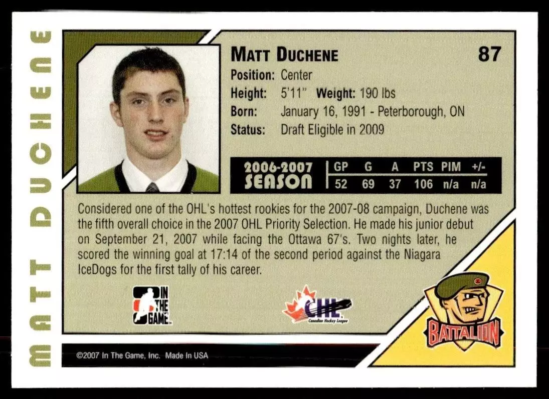 2007-08 In The Game Heroes and Prospects #87 Matt Duchene 1