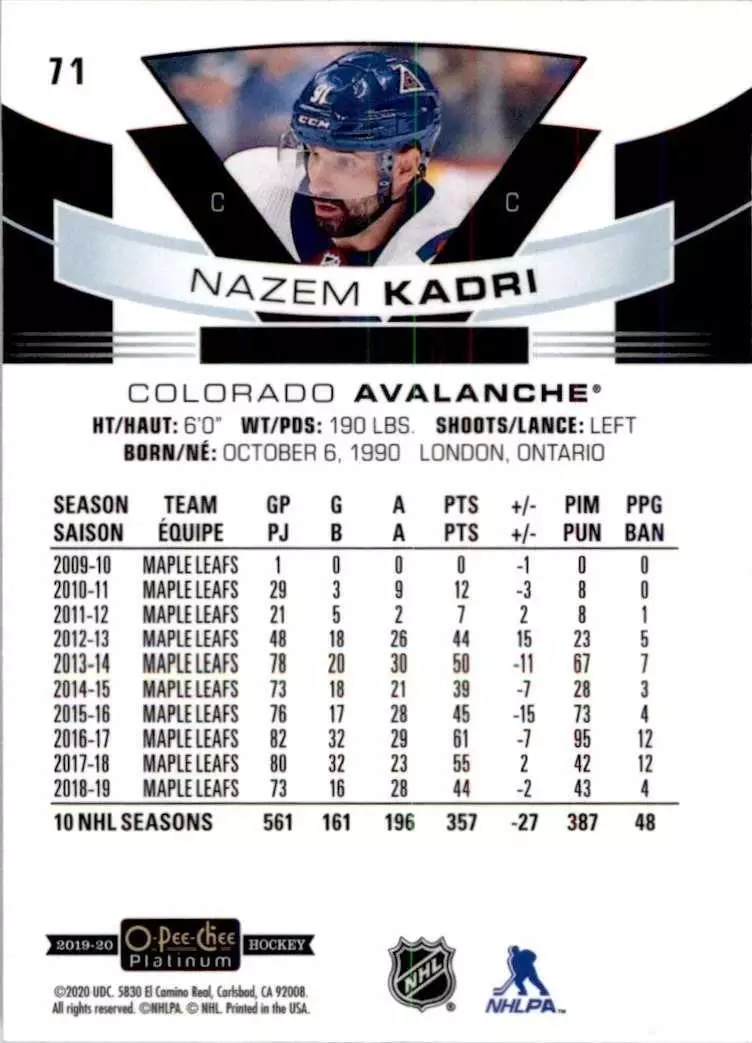 2019-20 O-Pee-Chee Platinum #71 Nazem Kadri 1