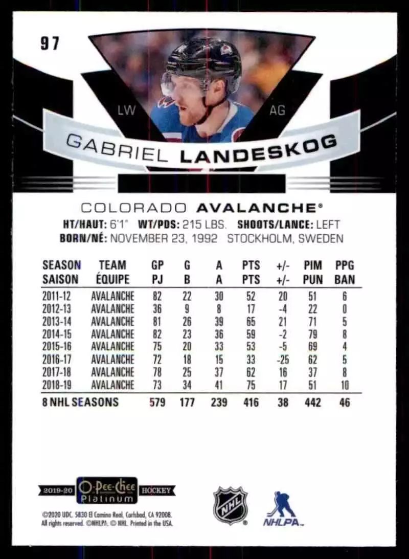 2019-20 O-Pee-Chee Platinum #97 Gabriel Landeskog 1