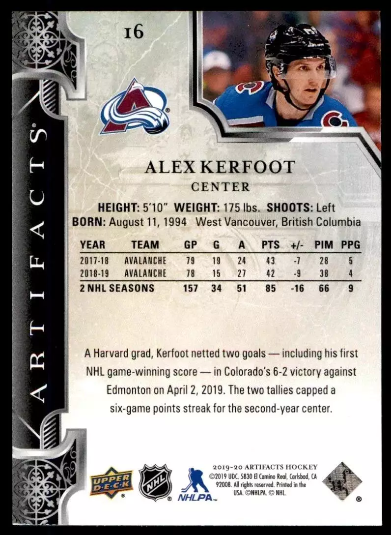 2019-20 Artifacts #16 Alex Kerfoot 1
