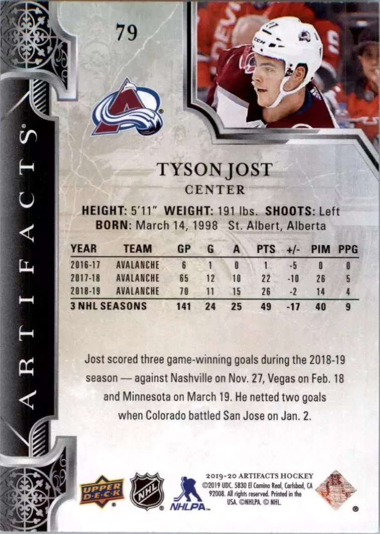 2019-20 Artifacts #79 Tyson Jost 1