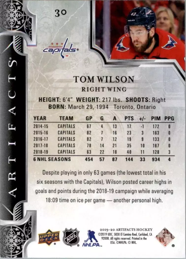 2019-20 Artifacts #30 Tom Wilson 1