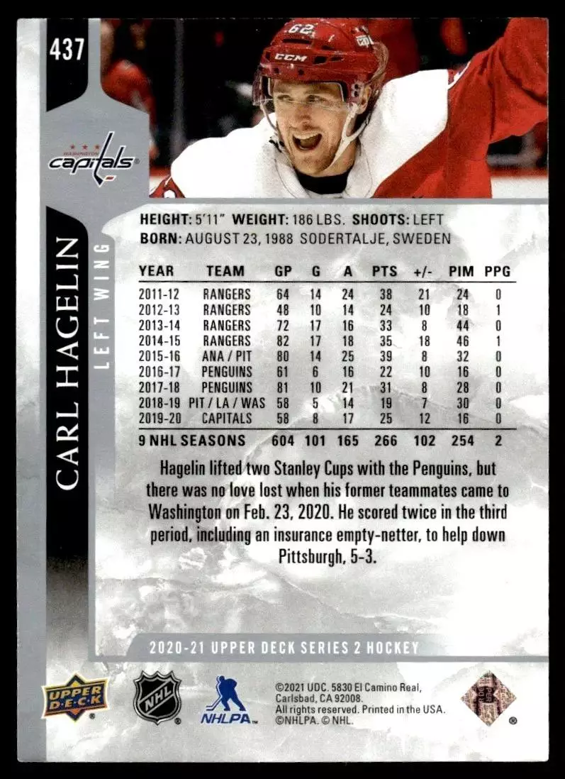 2020-21 Upper Deck #437 Carl Hagelin 1