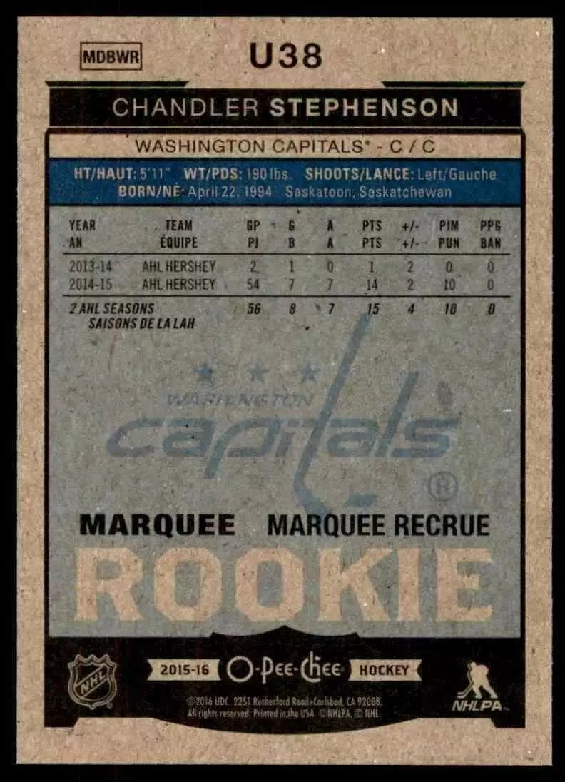 2015-16 O-Pee-Chee Update #U38 Chandler Stephenson RC 1