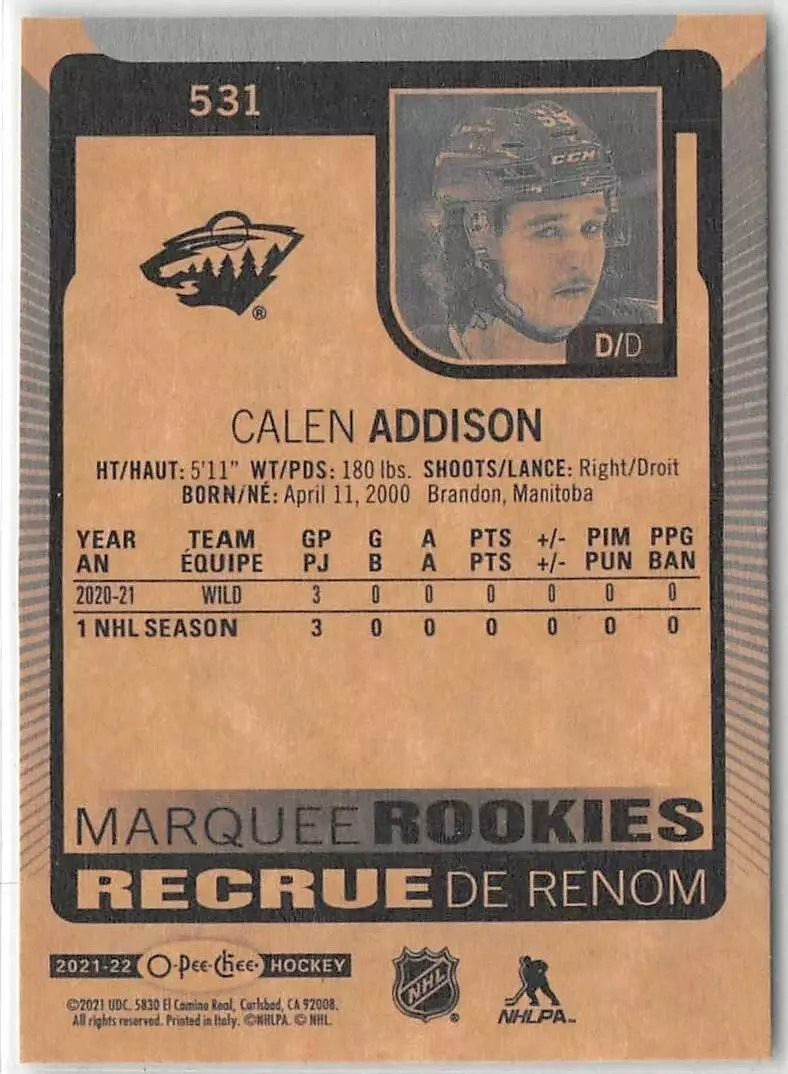 2021-22 O-Pee-Chee #531 Calen Addison RC \ Shanghai Dragons KHL 1