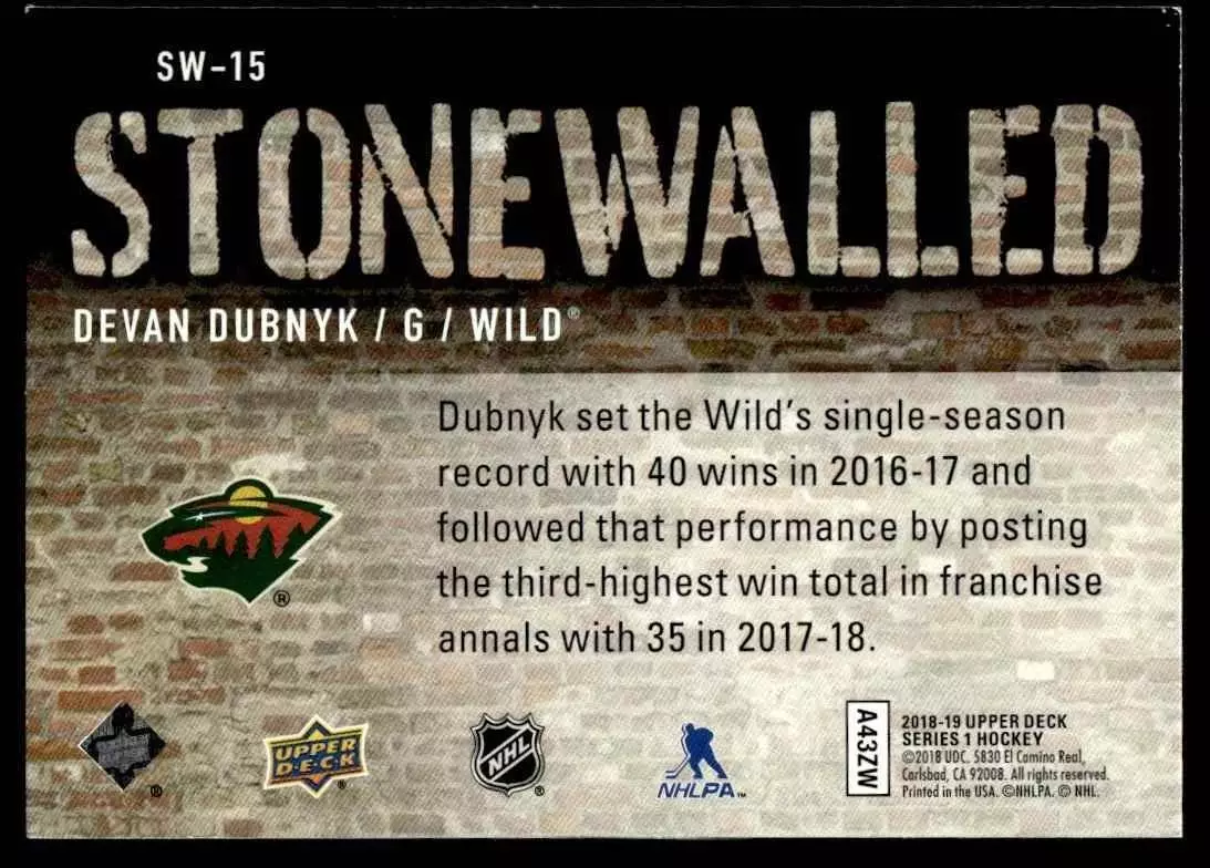 2018-19 Upper Deck Stonewalled #SW15 Devan Dubnyk 1