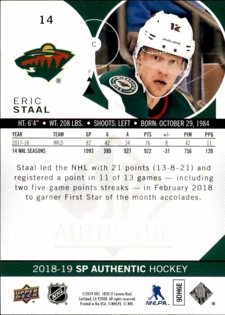 2018-19 SP Authentic #14 Eric Staal 1