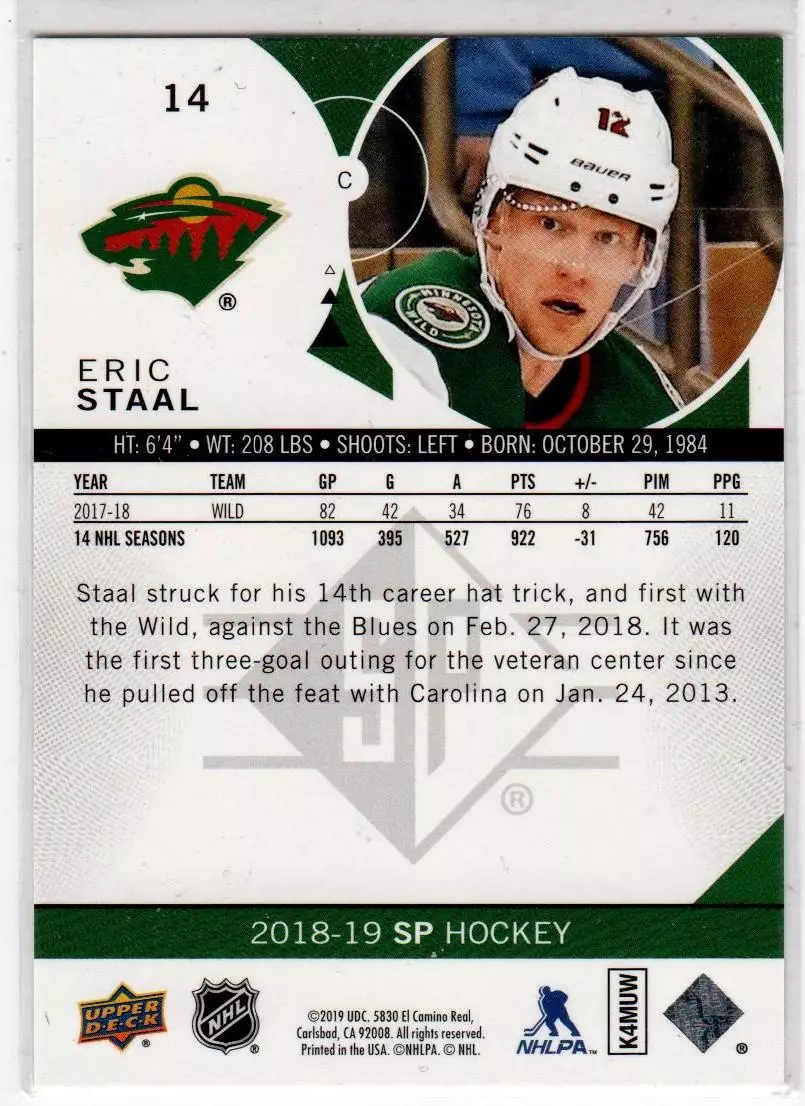 2018-19 SP Blue #14 Eric Staal 1