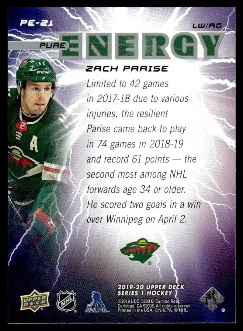 2019-20 Upper Deck Pure Energy #PE21 Zach Parise 1
