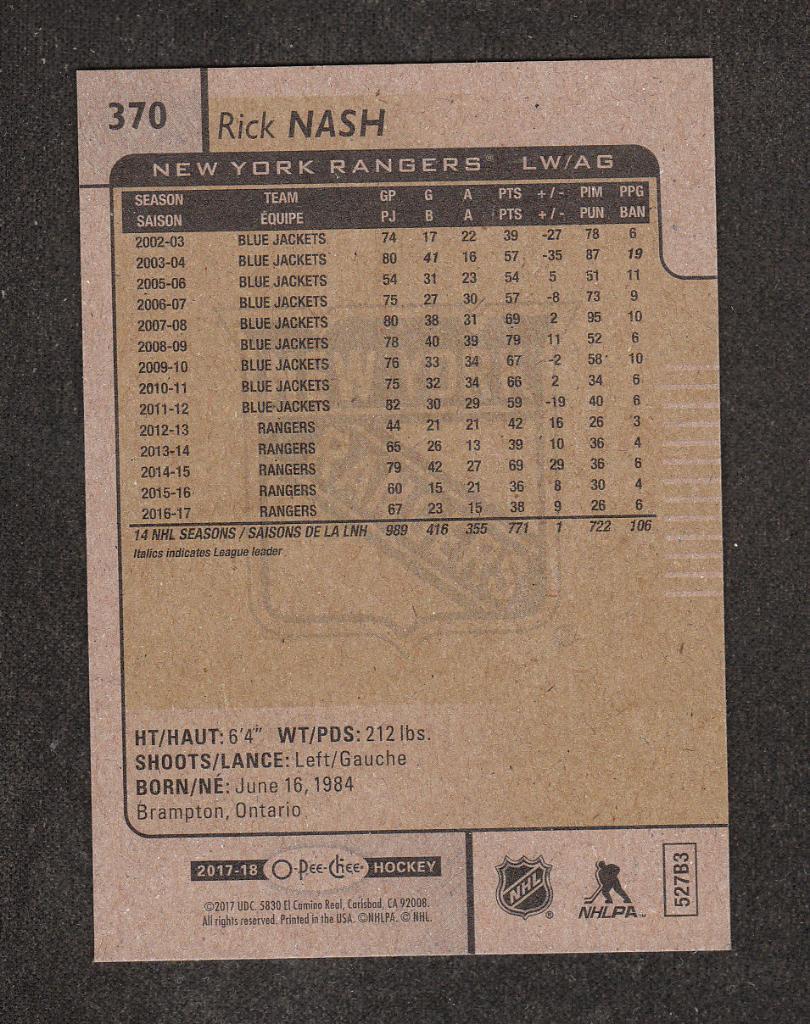 2017-18 O-Pee-Chee #370 Rick Nash (NHL) New York Rangers 1
