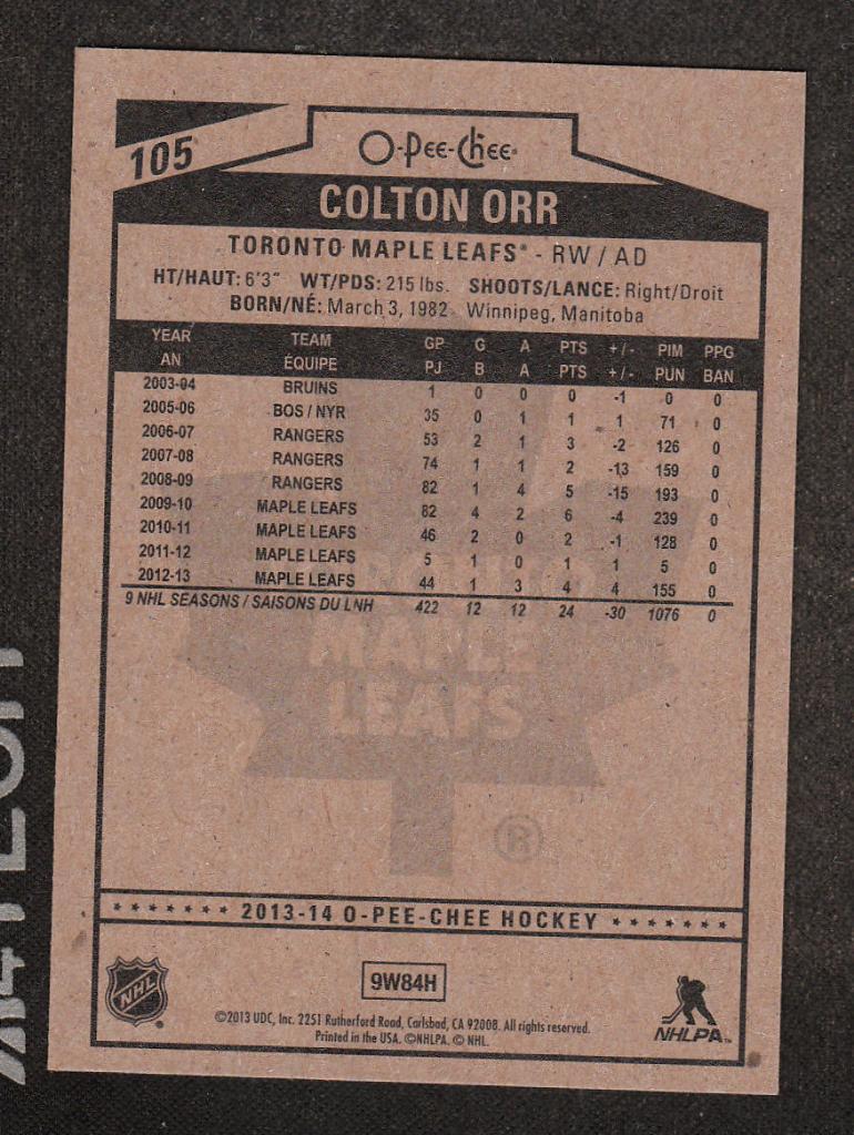 2013-14 O-Pee-Chee #105 Colton Orr (NHL) Toronto Maple Leafs 1