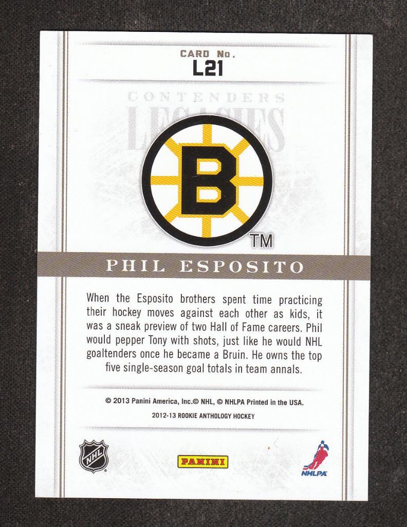2012-13 Panini Contenders Legacies #21 Phil Esposito 190/999 (NHL) Boston Bruins 1