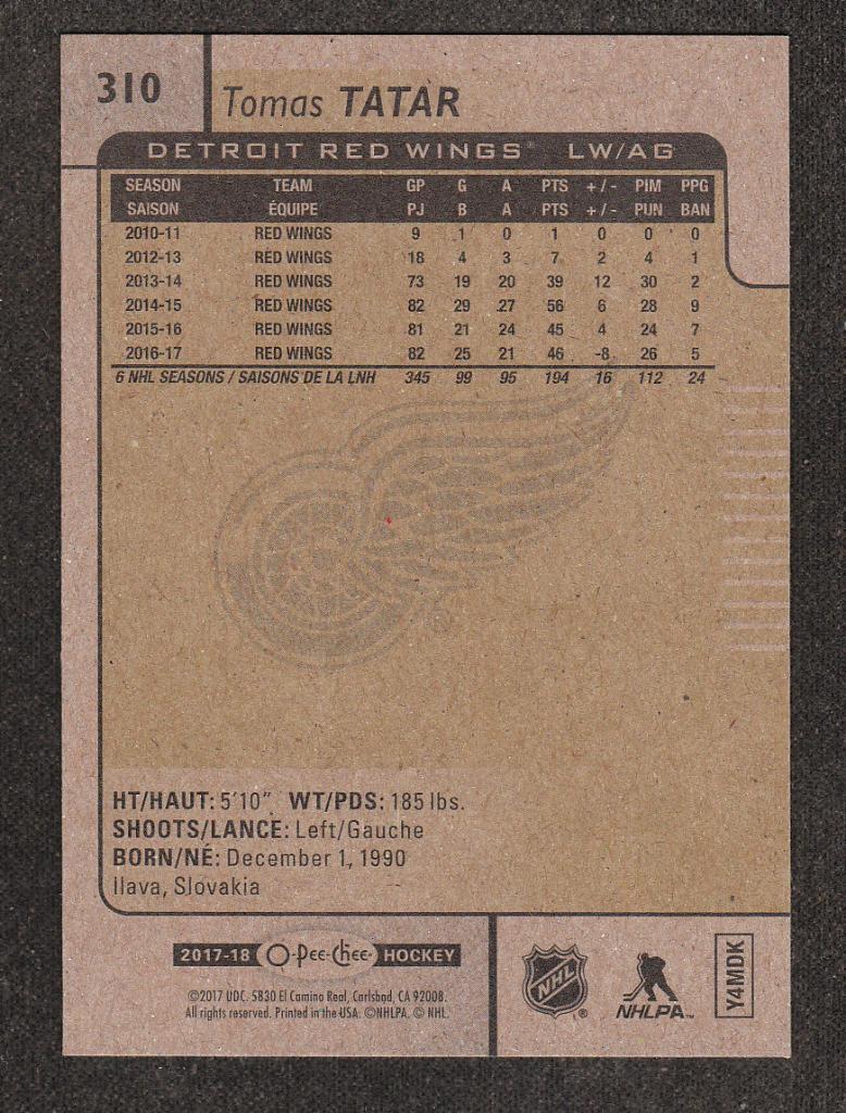 2017-18 O-Pee-Chee #310 Tomas Tatar (NHL) Detroit Red Wings 1