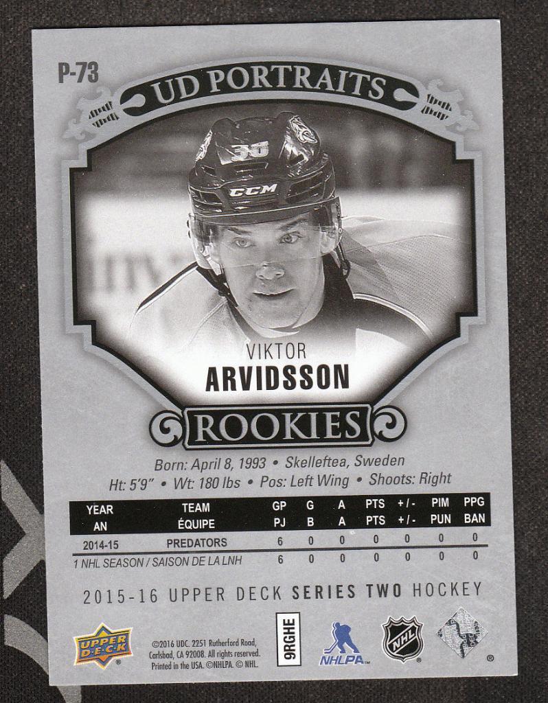2015-16 Upper Deck UD Portraits #P73 Viktor Arvidsson (NHL) Nashville Predators 1