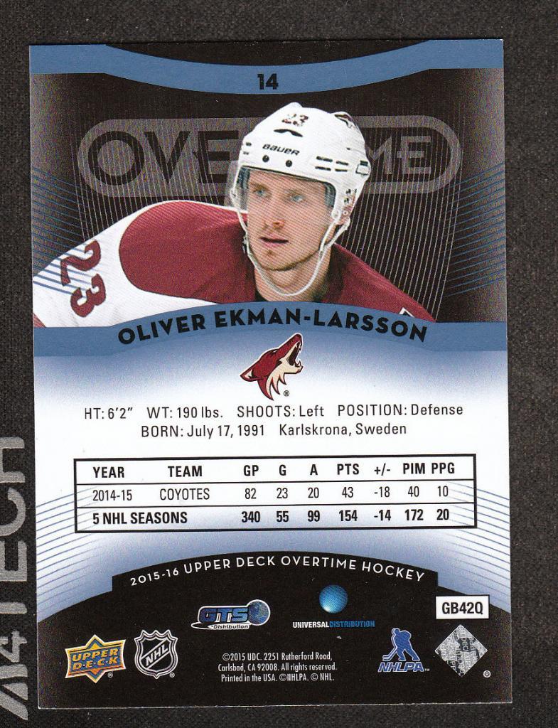 2015-16 Upper Deck Overtime Blue #14 Oliver Ekman-Larsson (NHL) Arizona Coyotes 1