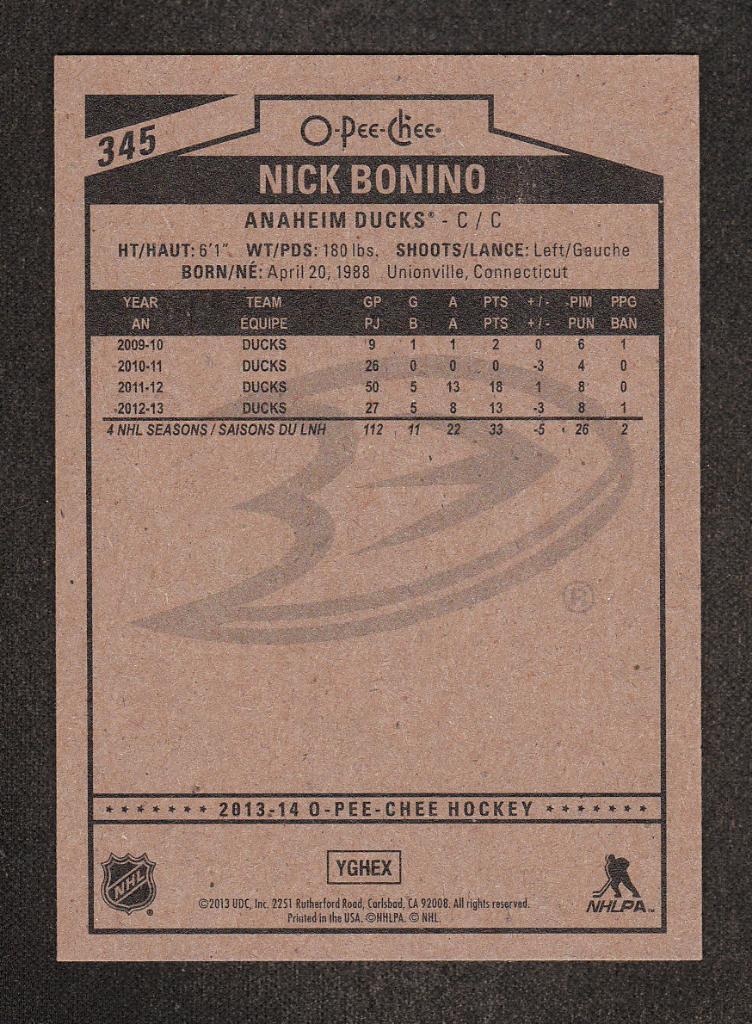 2013-14 O-Pee-Chee #345 Nick Bonino (NHL) Anaheim Ducks 1