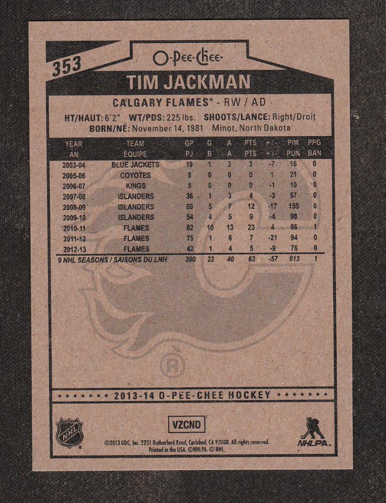 2013-14 O-Pee-Chee #353 Tim Jackman (NHL) Calgary Flames 1