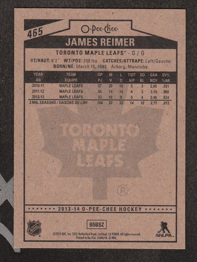 2013-14 O-Pee-Chee #465 James Reimer (NHL) Toronto Maple Leafs 1