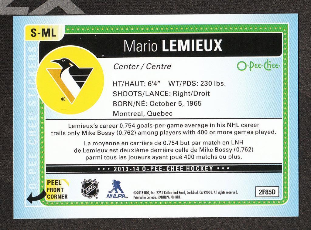 2013-14 O-Pee-Chee Stickers #SML Mario Lemieux (NHL) Pittsburgh Penguins 1