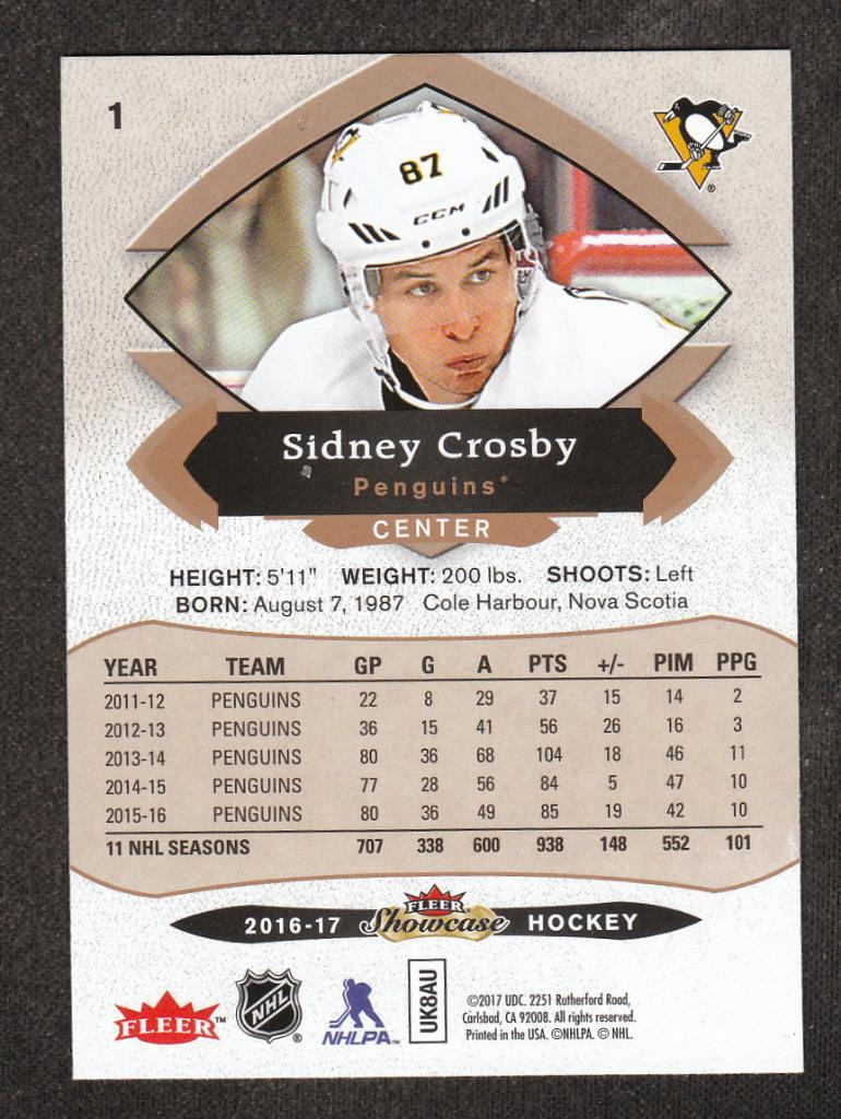 2016-17 Fleer Showcase #1 Sidney Crosby (NHL) Pittsburgh Penguins 1
