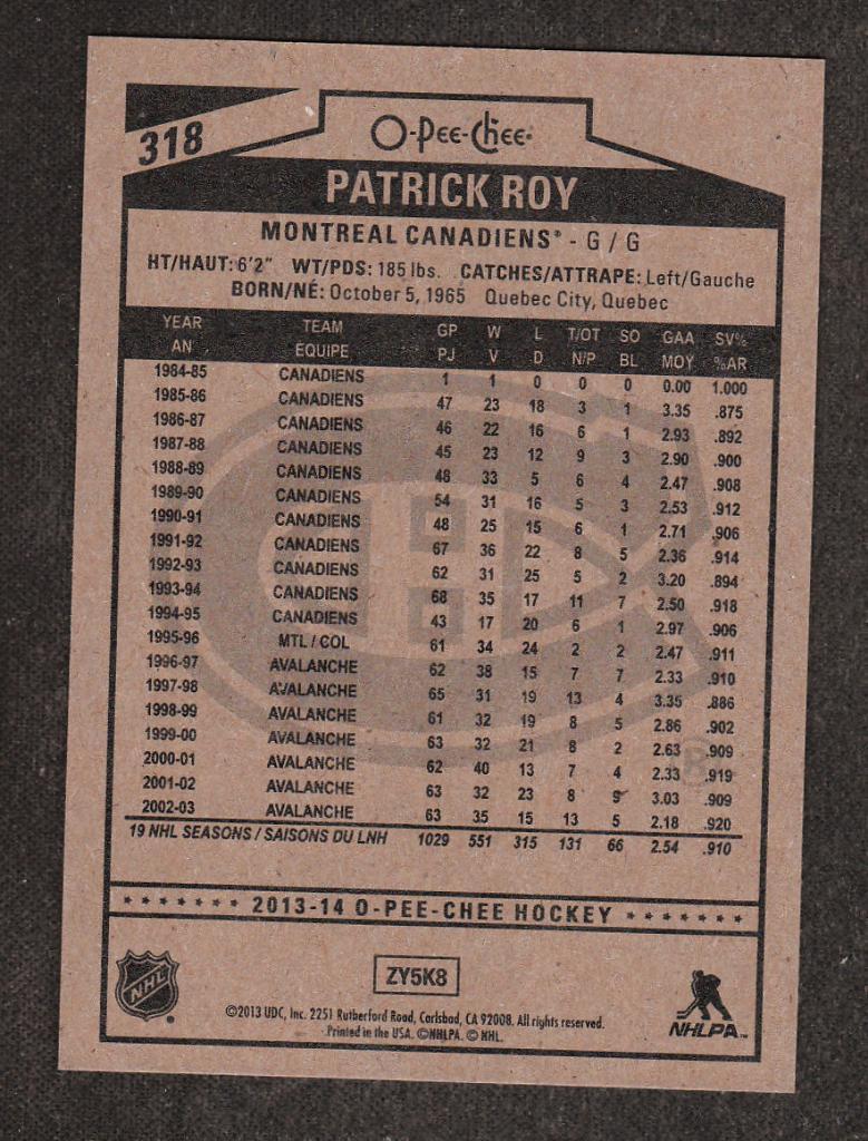 2013-14 O-Pee-Chee #318 Patrick Roy (NHL) Montreal Canadiens 1