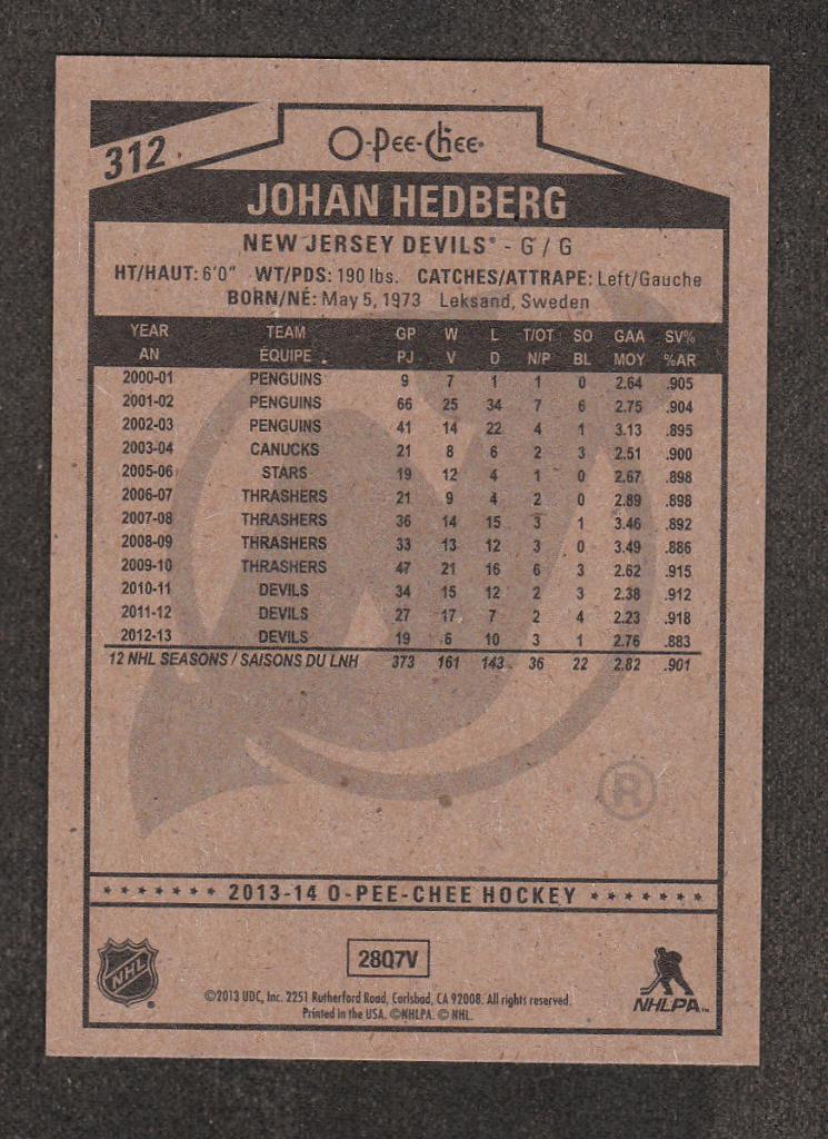 2013-14 O-Pee-Chee #312 Johan Hedberg (NHL) New Jersey Devils 1