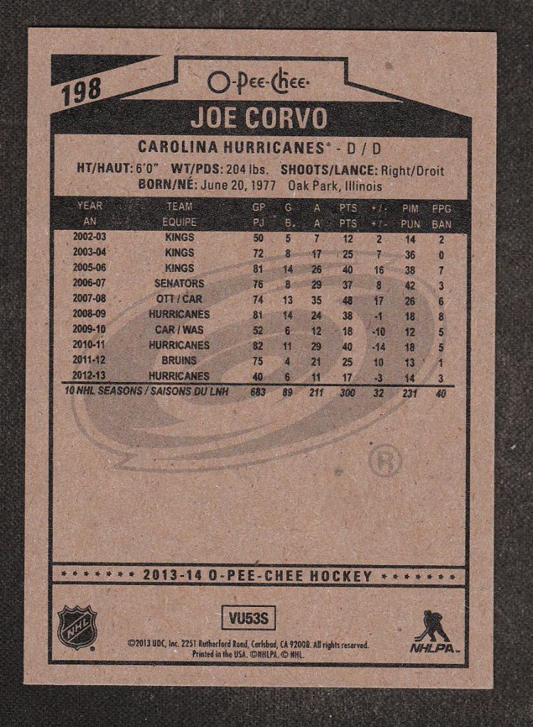2013-14 O-Pee-Chee #198 Joe Corvo (NHL) Carolina Hurricanes 1