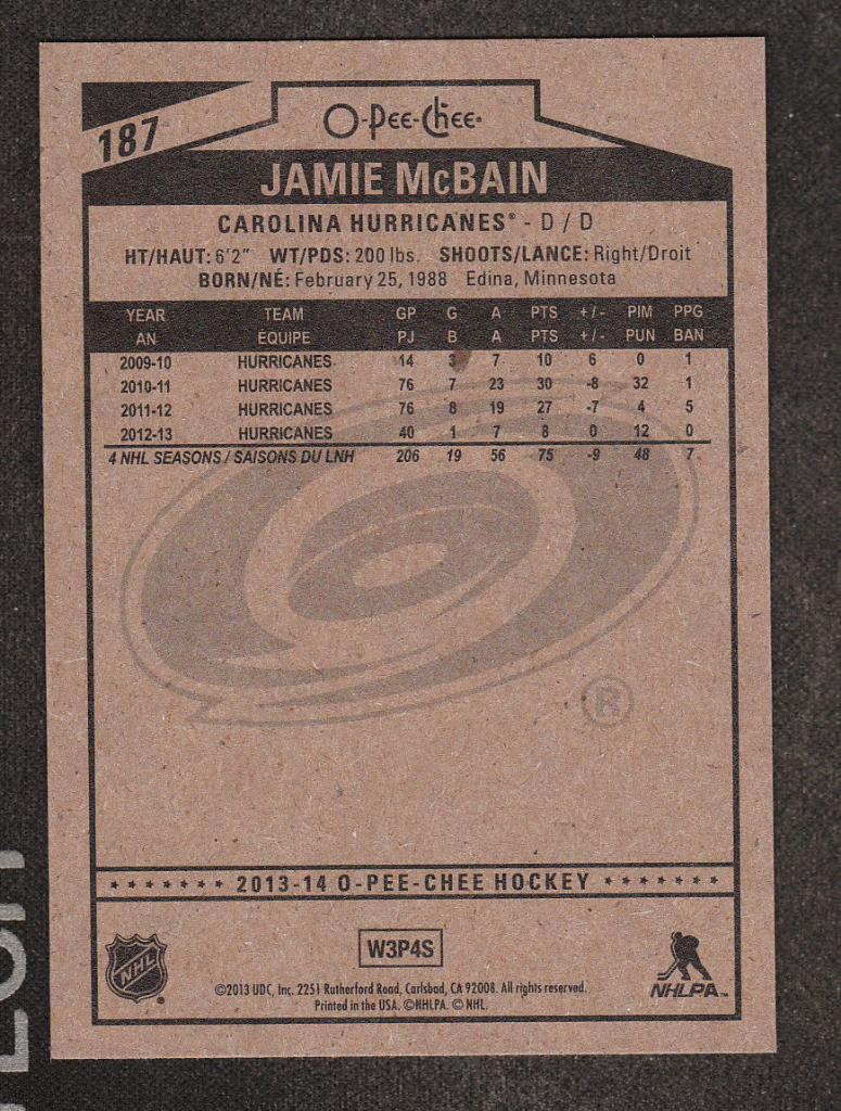 2013-14 O-Pee-Chee #187 Jamie McBain (NHL) Carolina Hurricanes 1