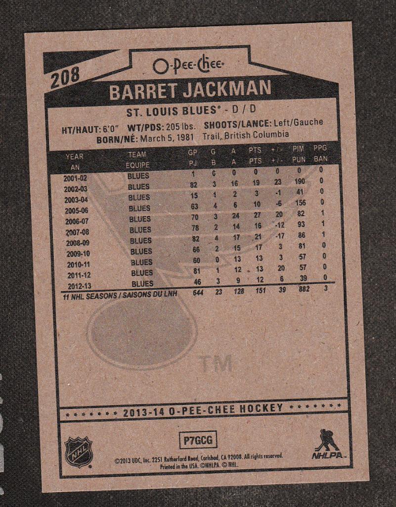 2013-14 O-Pee-Chee #208 Barret Jackman (NHL) StLouis Blues 1