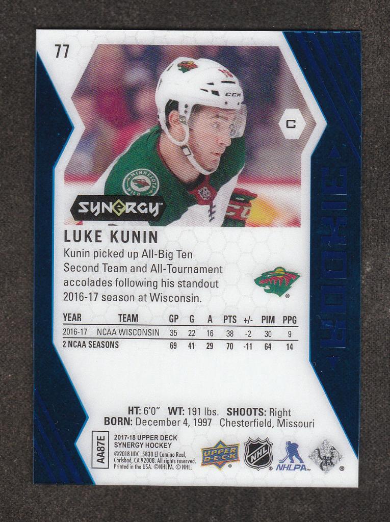 2017-18 Synergy Blue #77 Luke Kunin (NHL) Minnesota Wild 1