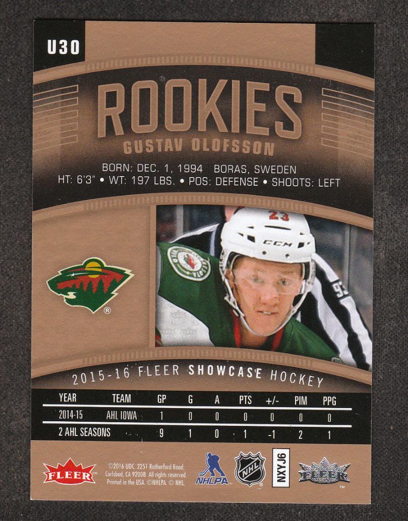 2015-16 Fleer Showcase Ultra Rookies #U30 Gustav Olofsson 161/699 (NHL) 1