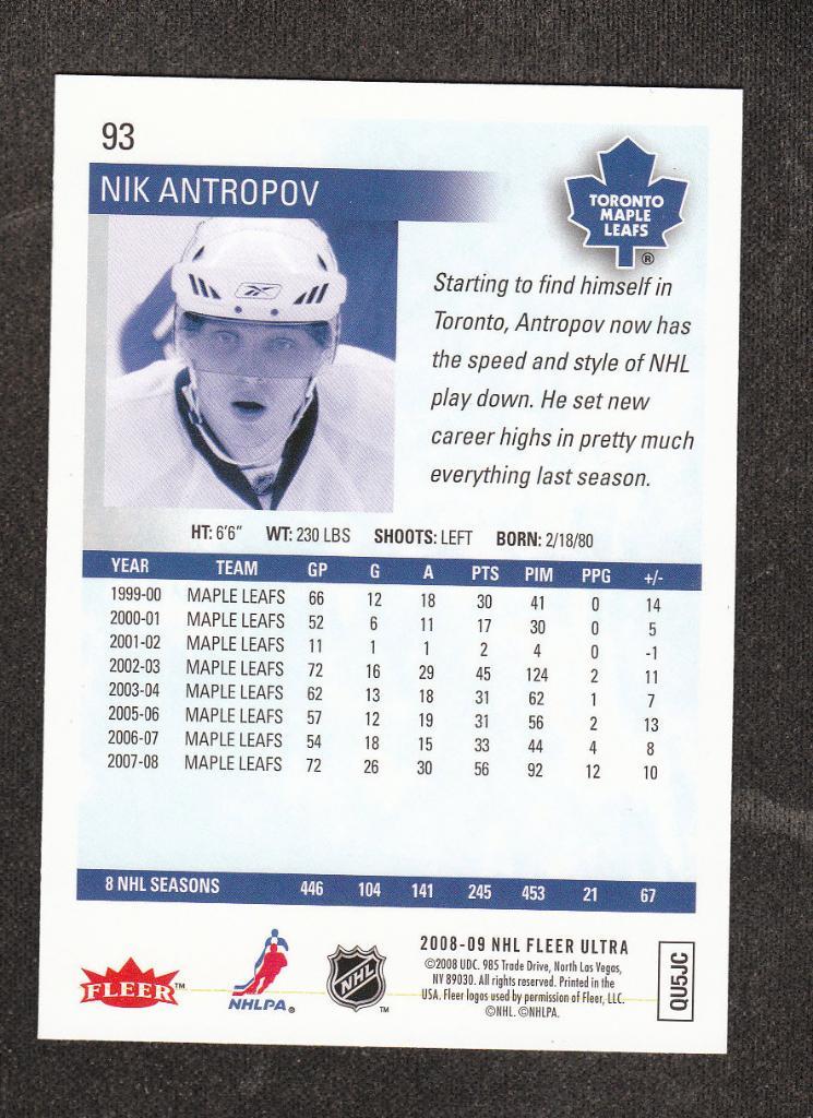 2008-09 Ultra #93 Nikolai Antropov (NHL) Toronto Maple Leafs 1