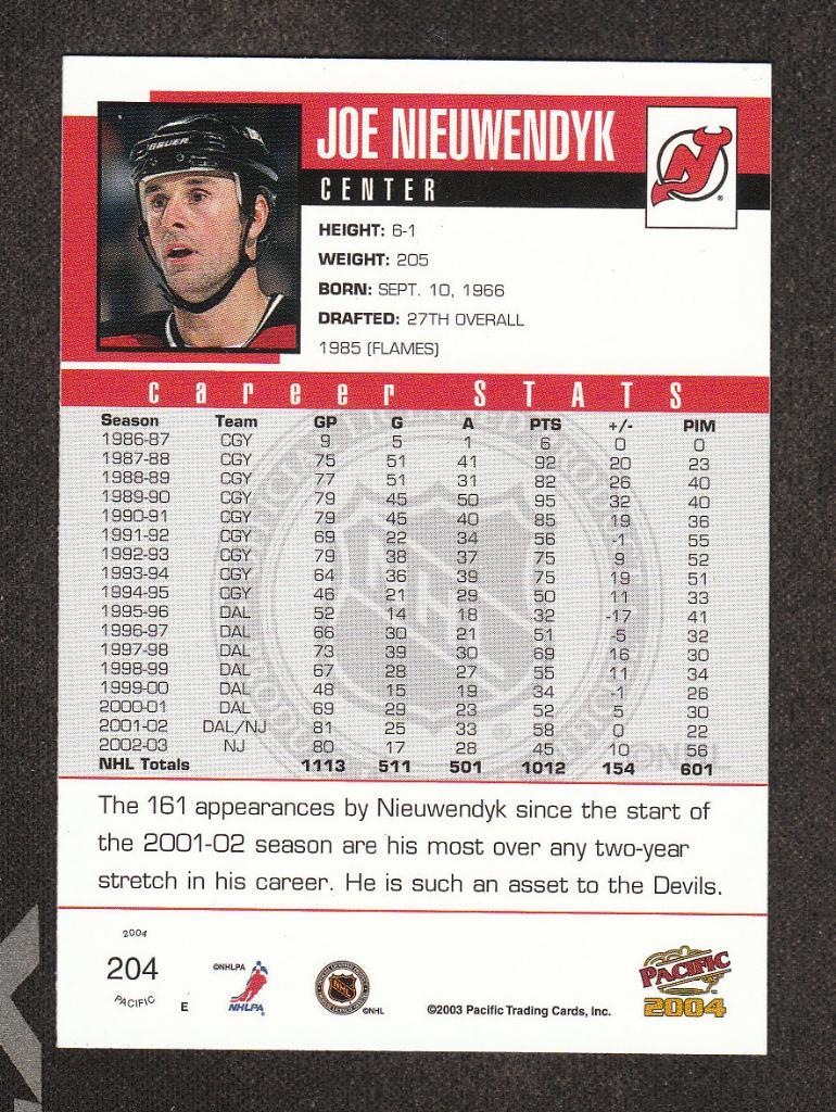 2003-04 Pacific #204 Joe Nieuwendyk (NHL) New Jersey Devils 1