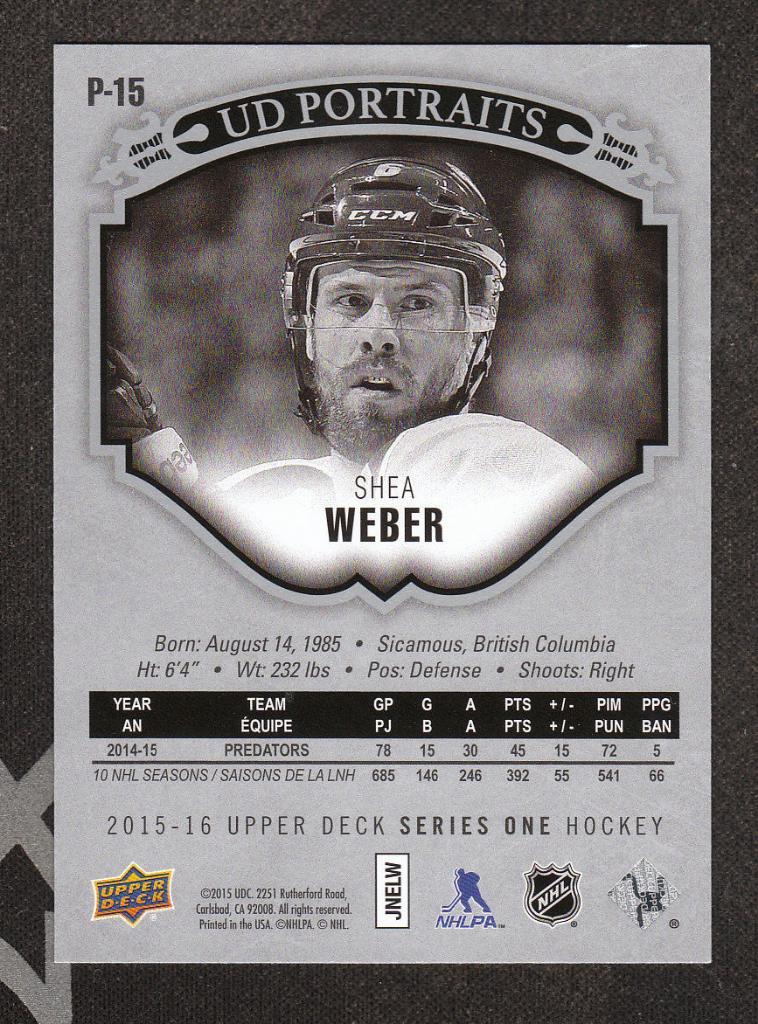 2015-16 Upper Deck UD Portraits #P15 Shea Weber (NHL) Nashville Predators 1