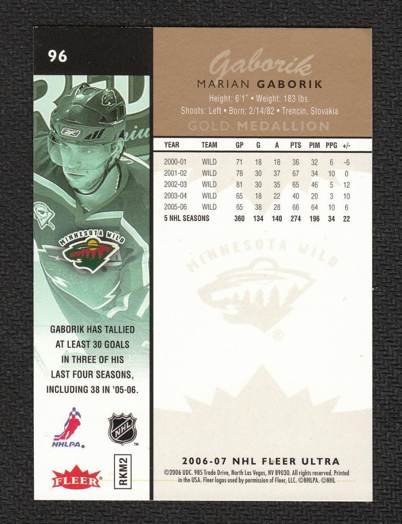 2006-07 Ultra Gold Medallion #96 Marian Gaborik (NHL) Minnesota Wild 1