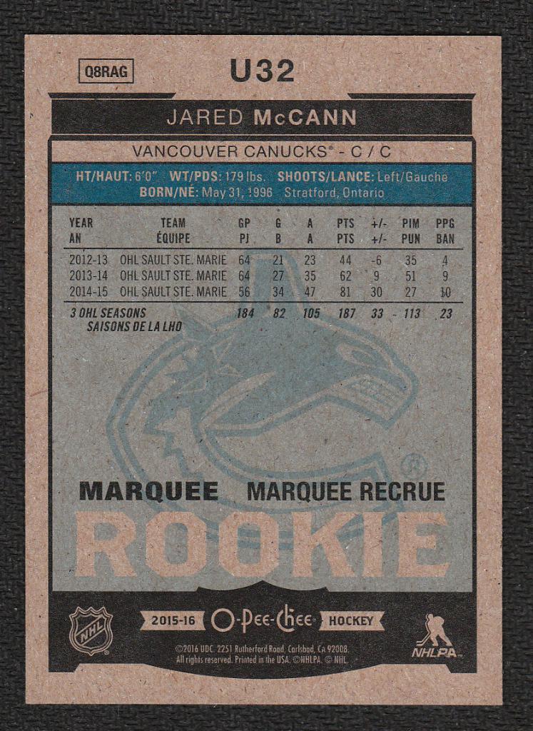 2015-16 O-Pee-Chee Update #U32 Jared McCann (NHL) Vancouver Canucks 1