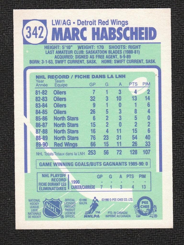 1990-91 O-Pee-Chee #342 Marc Habscheid (NHL) Detroit Red Wings 1