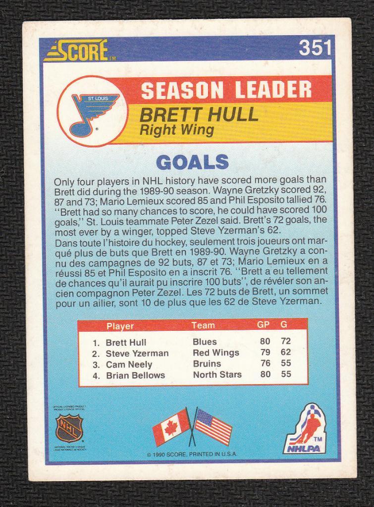 1990-91 Score #351 Brett Hull LL (NHL) StLouis Blues 1