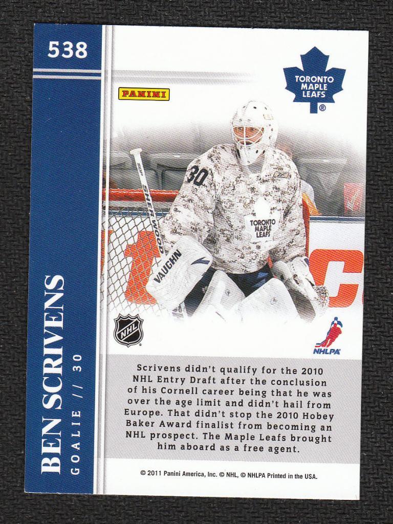 2011-12 Score #538 Ben Scrivens HR RC (NHL) Toronto Maple Leafs 1
