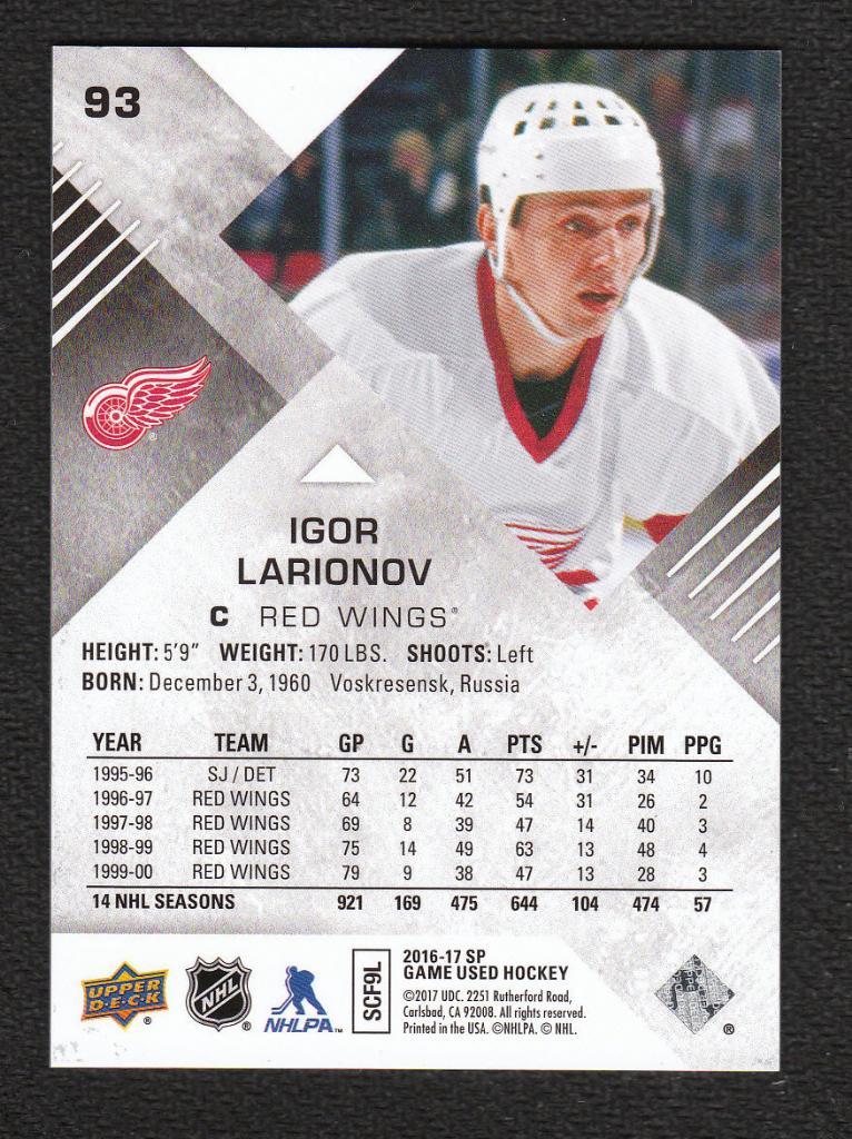 2016-17 SP Game Used Orange Rainbow Draft Year #93 Igor Larionov 177/185 (NHL) D 1