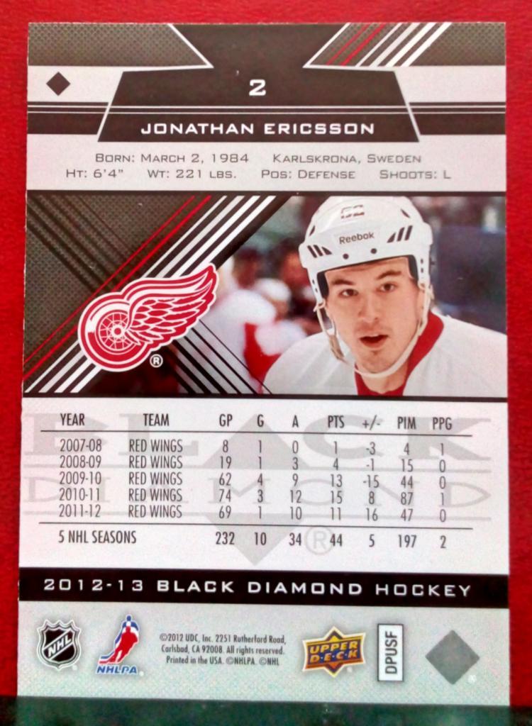 2012-13 Black Diamond #2 Jonathan Ericsson (NHL) Detroit Red Wings 1