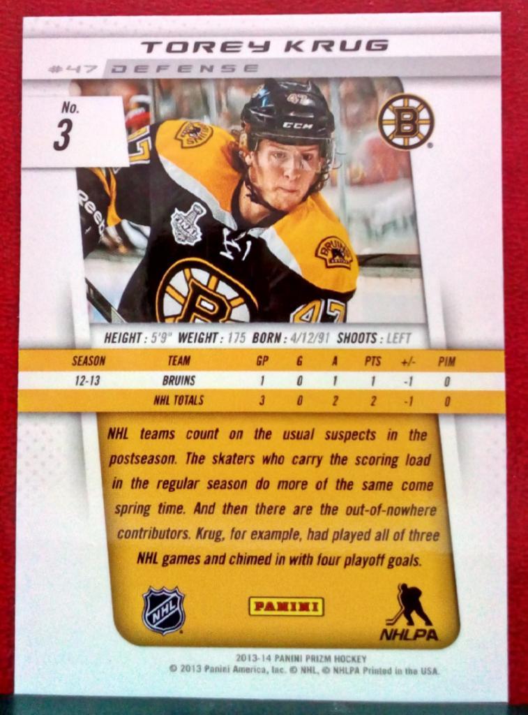 2013-14 Panini Prizm #3 Torey Krug (NHL) Boston Bruins 1