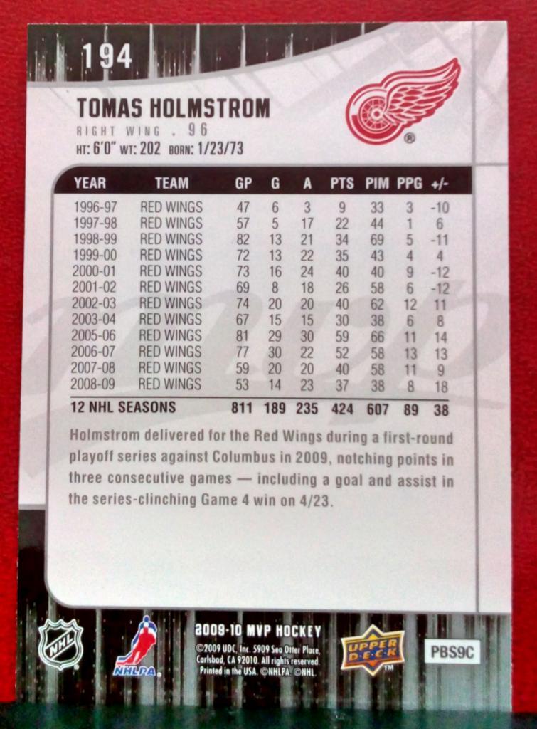 2009-10 Upper Deck MVP #194 Tomas Holmstrom (NHL) Detroit Red Wings 1