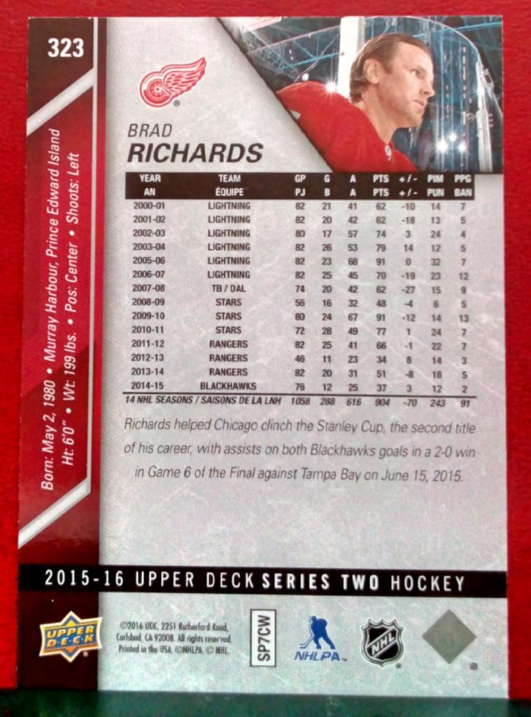 2015-16 Upper Deck #323 Brad Richards (NHL) Detroit Red Wings 1
