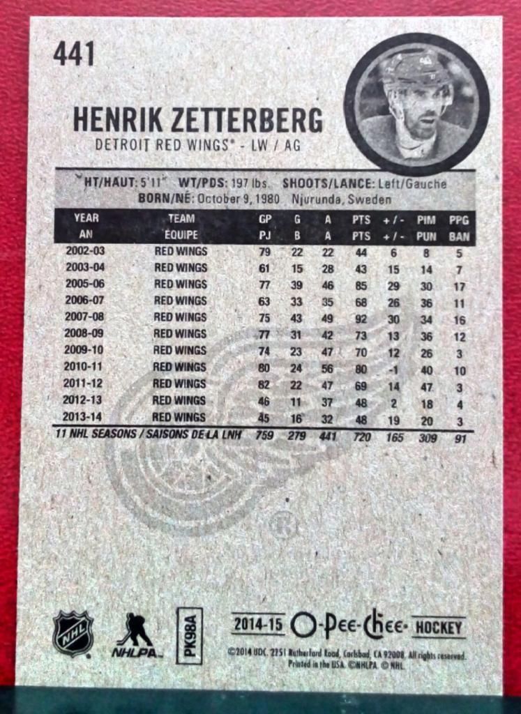 2014-15 O-Pee-Chee #441 Henrik Zetterberg (NHL) Detroit Red Wings 1