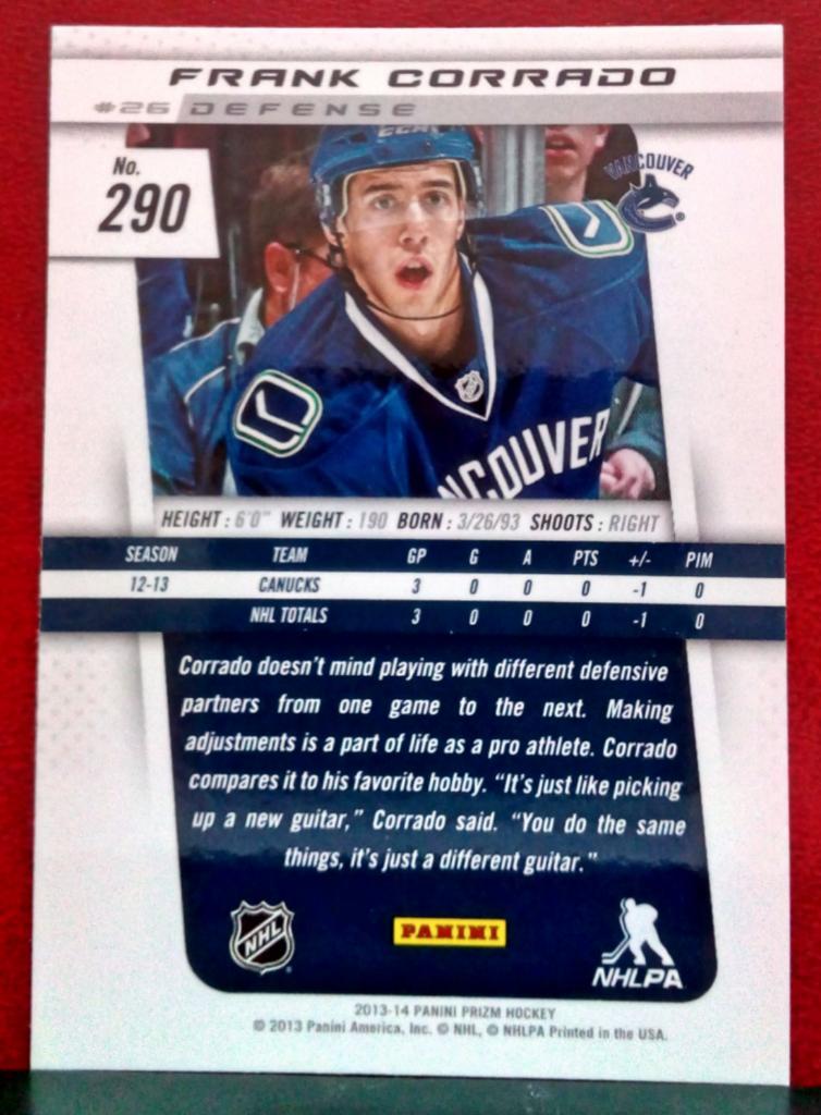 2013-14 Panini Prizm #290 Frank Corrado RC (NHL) Vancouver Canucks 1