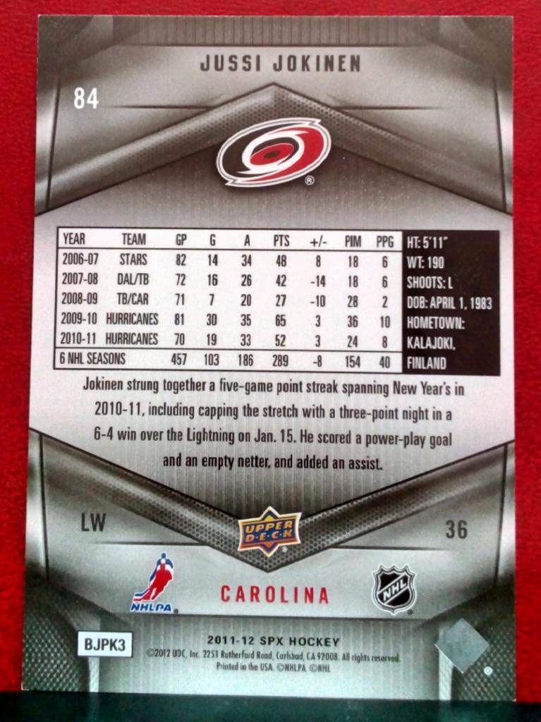 2011-12 SPx #84 Jussi Jokinen (NHL) Carolina Hurricanes 1