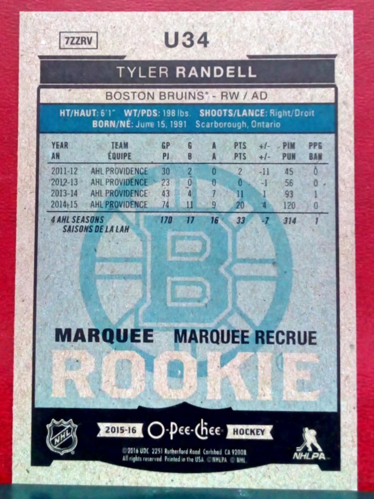 2015-16 O-Pee-Chee Update #U34 Tyler Randell (NHL) Boston Bruins 1