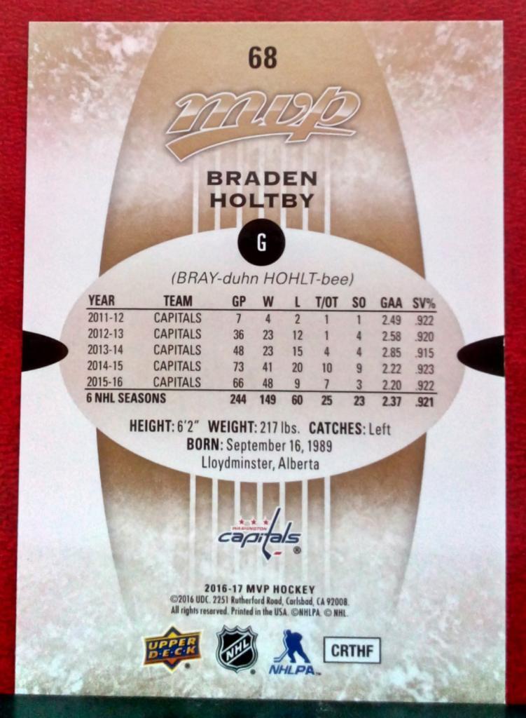 2016-17 Upper Deck MVP #68 Braden Holtby (NHL) Washington Capitals 1