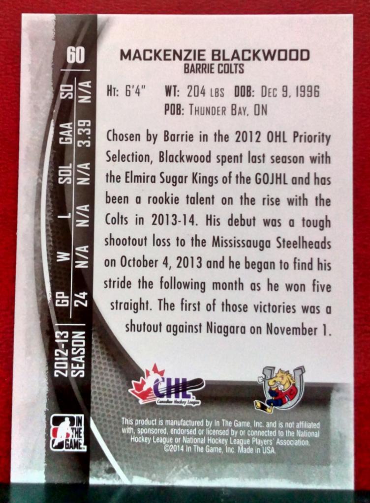 2013-14 Between the Pipes #60 Mackenzie Blackwood CHL (NHL) 1